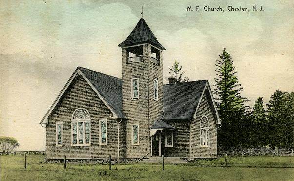 Once Baptist church in Bedminster and it was purchased in 1854 by the Methodist Episcopal Church and moved to Chester during winter of 1880-81 and was placed at the corner of Grove Street and Maple Avenue.  It was moved in large sections by six mule teams.  In 1911 a new Methodist Church was built on Main Street and the Township then purchased this building for $550.00 for its Municipal Building.  It now belongs to the Chester Theatre Group who performs their productions at the building now called the Black River Playhouse.